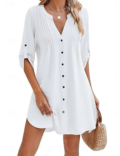 Mini Dress White Dress Beach Dress Black Dress Cover Up Classic Daily Outdoor Beach Regular Fit Plain Long Sleeve V Neck Black White Rose Red Summer Spring