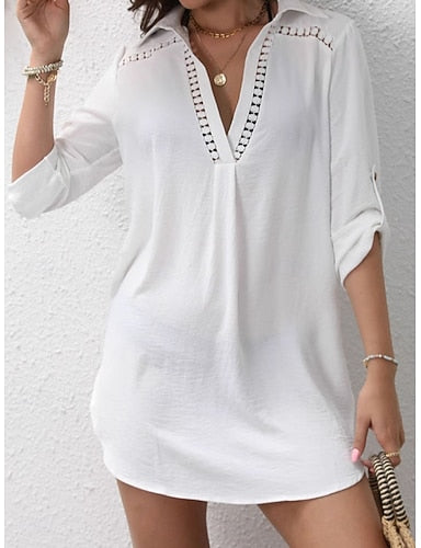 Mini Dress White Dress Beach Dress Cover Up Classic Daily Outdoor Beach Regular Fit Plain Long Sleeve V Neck White Summer Spring
