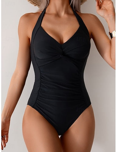 One Piece Swimsuit Slimming Ruched Monokini Tummy Control High Waist Slim Backless Vacation Beach Wear Color Halter Neck Sleeveless Bathing Suits