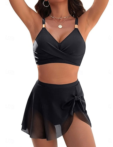 Swimwear Bikini 2 Piece Skirt Swimsuit Slim Backless Vacation Beach Wear Color V Neck Sleeveless Bathing Suits